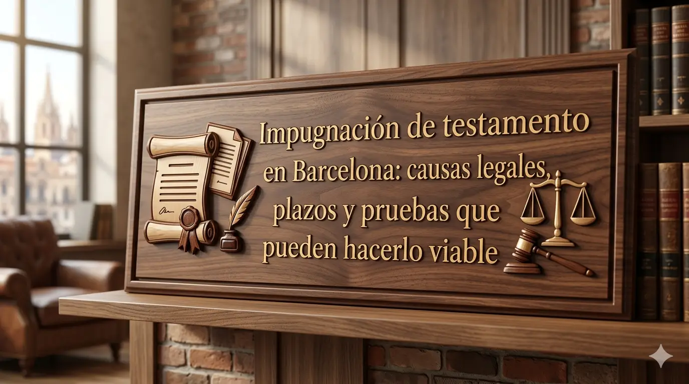 Placa de madera tallada con el texto sobre impugnación de testamentos en Barcelona, acompañada de iconos jurídicos como un pergamino de testamento, una balanza de la justicia y un mazo de juez.