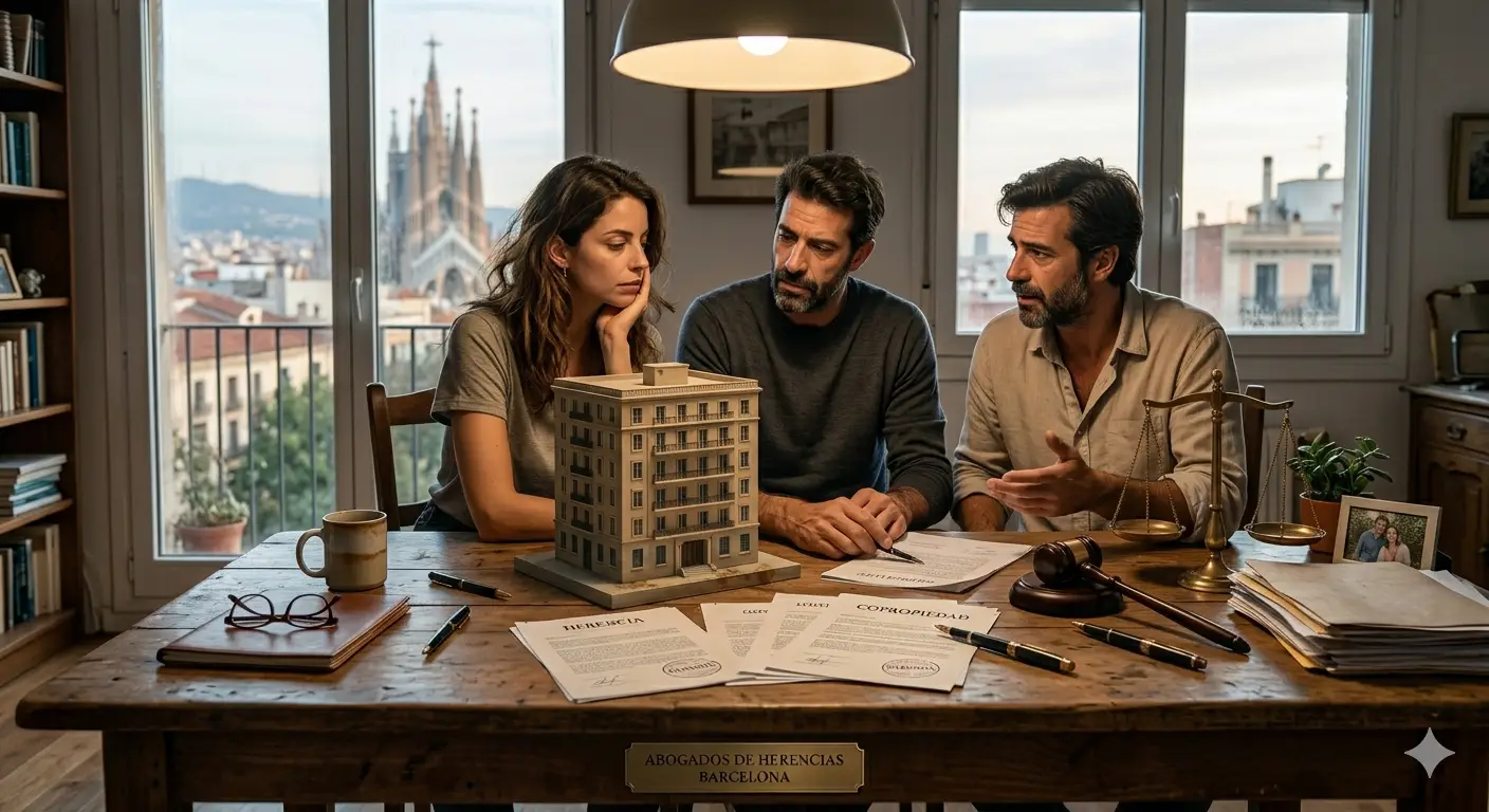 Tres hermanos con gesto serio y realista reunidos alrededor de una mesa de madera con documentos de herencia y una maqueta de un edificio, con Barcelona de fondo.
