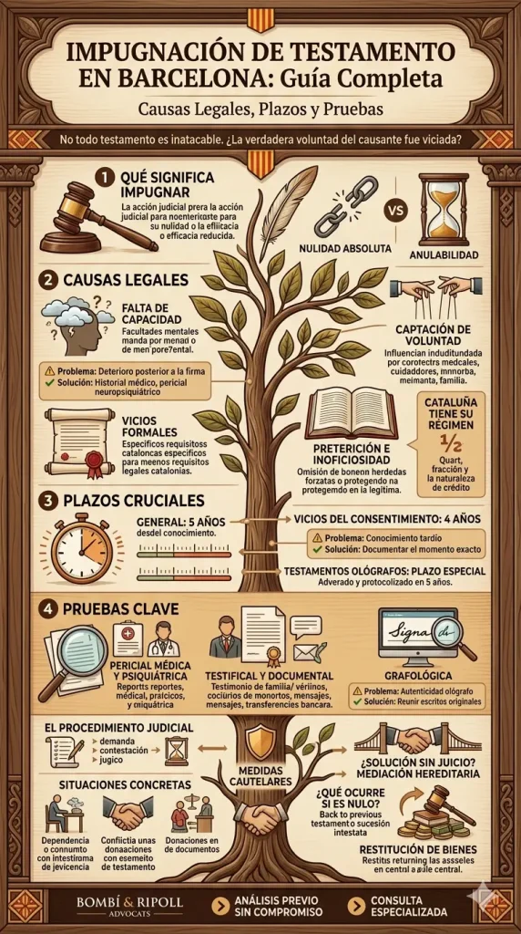 Infografía sobre la impugnación de testamentos en Barcelona, detallando causas legales (falta de capacidad, vicios formales), plazos de prescripción y pruebas necesarias como peritajes médicos o grafológicos.