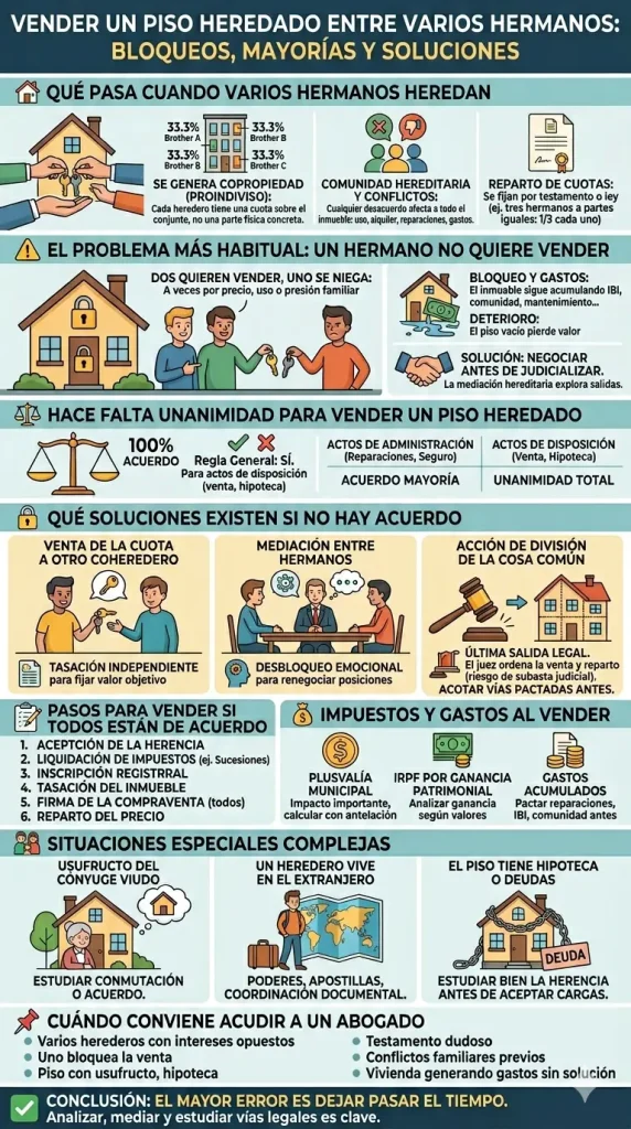 Infografía sobre los bloqueos, mayorías legales y soluciones para vender una vivienda heredada entre varios hermanos.